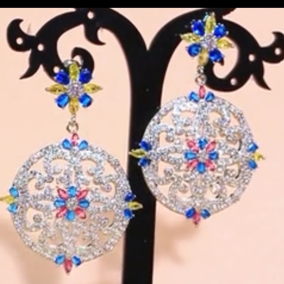 Colorful CZ Long Flower Round, Wedding, Pageant, Dangle Luxury Earrings - Picture 4 of 5